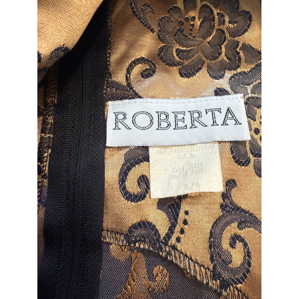 Roberta Vintage Gold Black Floral Damask Mandarin Collar Mini Dress 5/6 USA - Picture 4 of 8